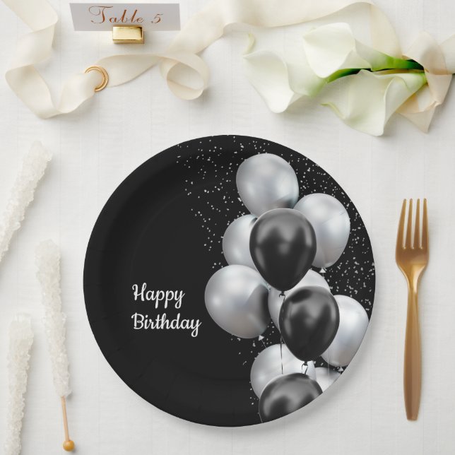 Black Grey Balloon Chic  Paper Plate (Wedding)
