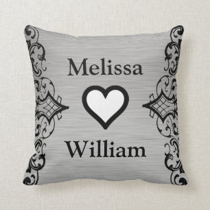 Black Grey Bride Groom Names Floral Wedding Cushion