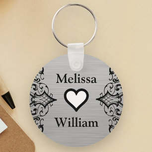 Black Grey Bride Groom Names Floral Wedding Key Ring