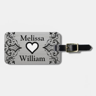 Black Grey Bride Groom Names Floral Wedding Luggage Tag