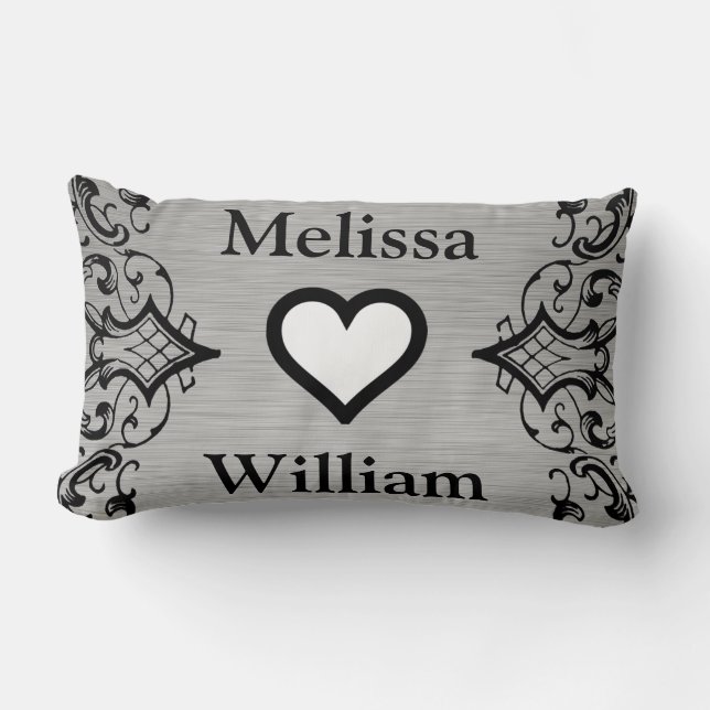 Black Grey Bride Groom Names Floral Wedding Lumbar Cushion (Front)