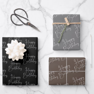 Black Grey Brown Happy Birthday Wrapping Paper Sheet