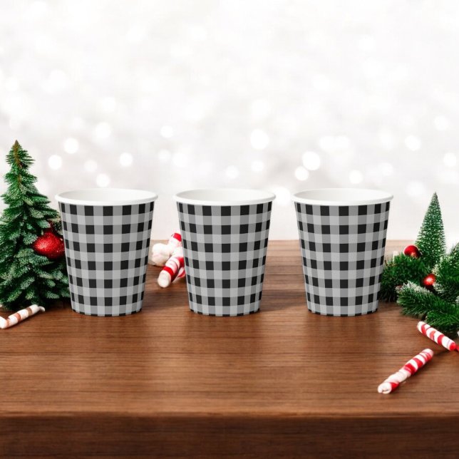 Black Grey Buffalo Plaid Holiday Paper Cups (Creator Uploaded)