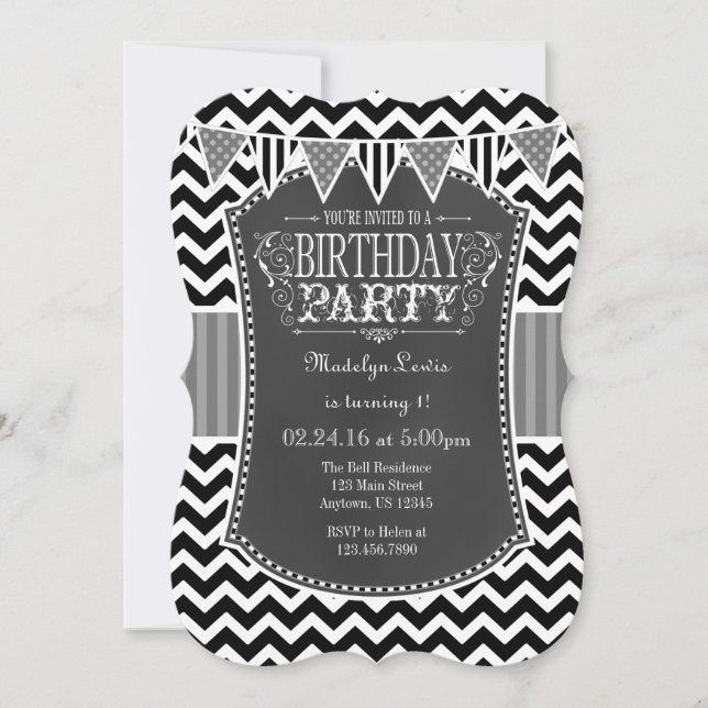 Black Grey Chalkboard Chevron Birthday Invite (Front)
