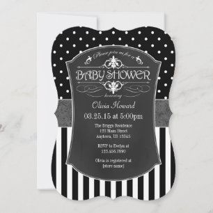 Black Grey Chalkboard Stripes Baby Shower Invite