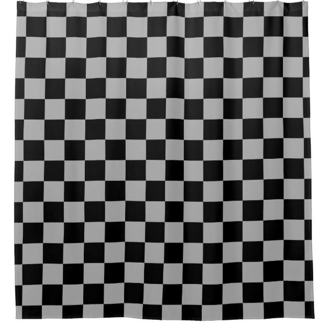 Black + Grey Check Chequered Chequerboard Pattern Shower Curtain (Front)
