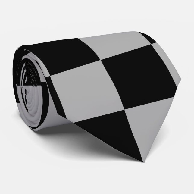 Black + Grey Check Chequered Chequerboard Pattern Tie (Rolled)