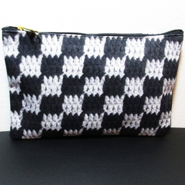 Black Grey Chequered Pattern Artisan Crochet Print Accessory Pouch (Creator Uploaded)