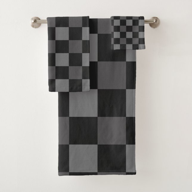 Black & Grey Chequered Squares Plaid Bath Towel Set (Insitu)