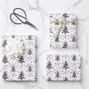 Black & Grey Christmas Trees & Snowflakes Wrapping Paper Sheet