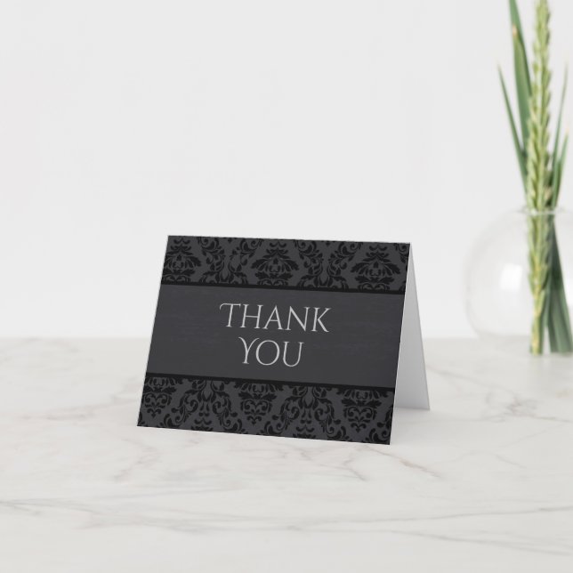 Black & Grey Damask Thank You Cards (Front)