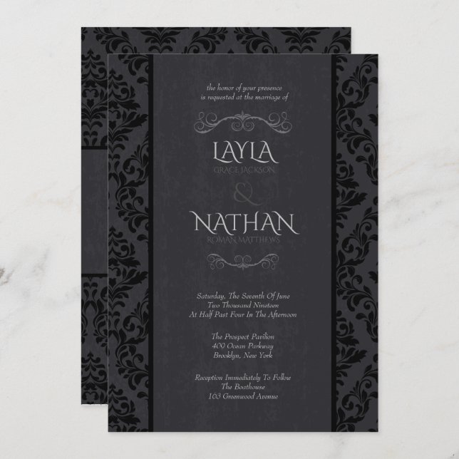 Black & Grey Damask Wedding Invitations (Front/Back)