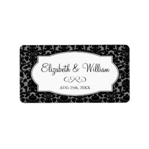 Black grey elegant damask border wedding favour label