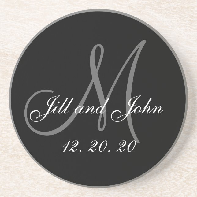 Black Grey Elegant Monogram Wedding Coaster (Front)