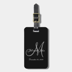 Black Grey Elegant Monogram Wedding Luggage Tag