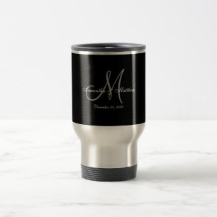 Black Grey Elegant Monogram Wedding Travel Mug