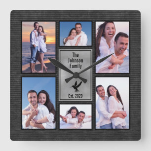 Black Grey Family 6 Photo Instagram Photo Collage Square Wall Clock