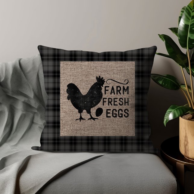 Black Grey Farm Fresh Eggs Chicken Burlap Cushion (Black checkered, burlap, and chicken, "Farm fresh eggs" decorator pillow.)