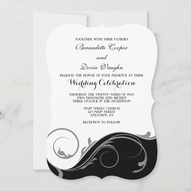 Black Grey Floral Swirl Bracket Wedding Invites (Front)