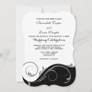 Black Grey Floral Swirl Bracket Wedding Invites