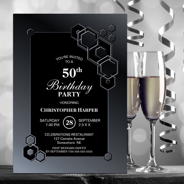 Black Grey Geometric 50th Birthday Party Invitation (Creator Uploaded)