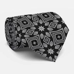 Black Grey Geometric Floral Pattern Necktie
