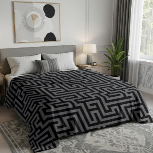 Black & Grey Geometric Maze Pattern Fleece Blanket