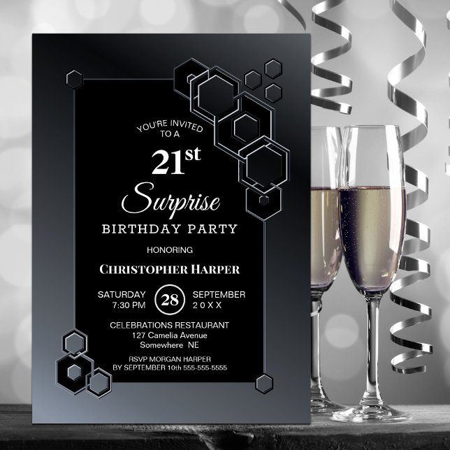 Black Grey Geometric Surprise 21st Birthday Party Invitation (Creator Uploaded)