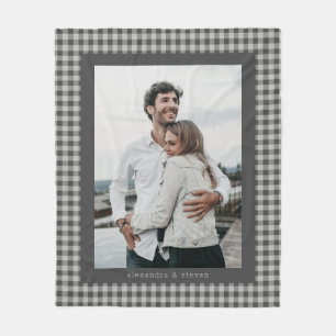 Black Grey Gingham Preppy Couple Photo Custom Fleece Blanket