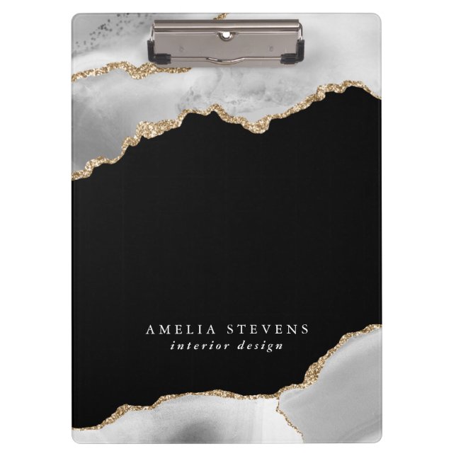 Black, Grey & Gold Agate Business Clipboard (Front)
