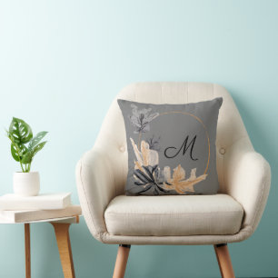 Black Grey Gold Flower Monogram Pillow
