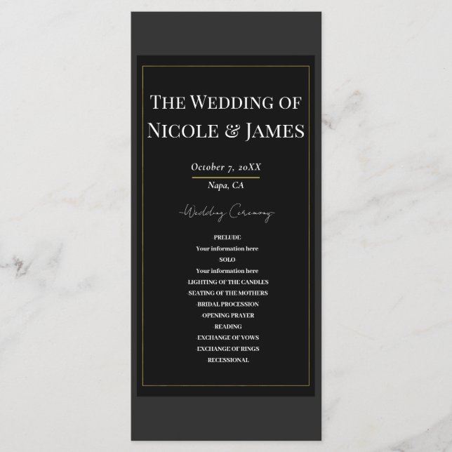 Black Grey Gold Modern Minimal Wedding Program Programme (Front)