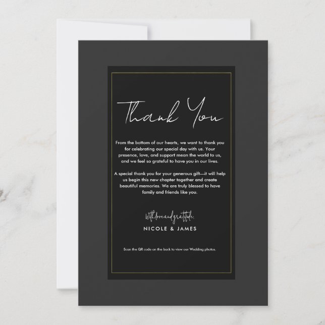 Black Grey Gold Modern Minimal Wedding Thank You Invitation (Front)