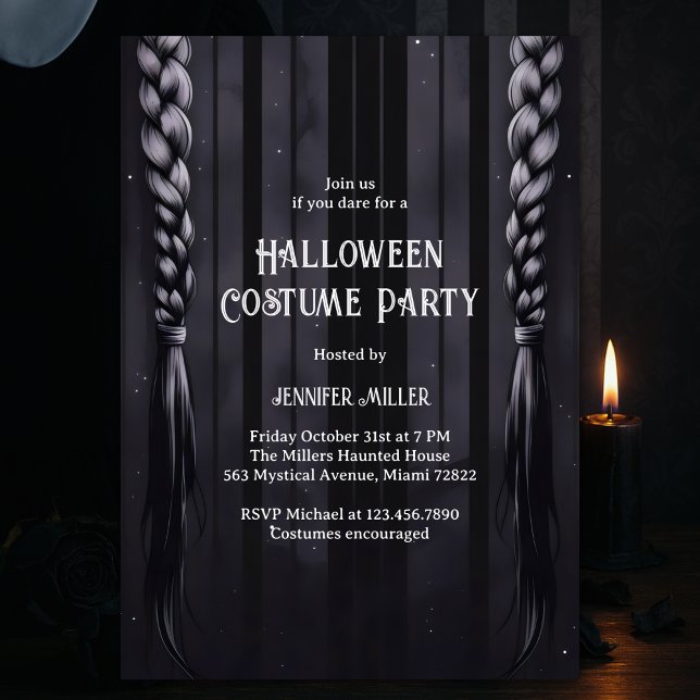 Black & Grey Gothic Braids Halloween Costume Party Invitation (Gothic Braids Halloween Costume Party – Dark Academia Black & Gray Template)