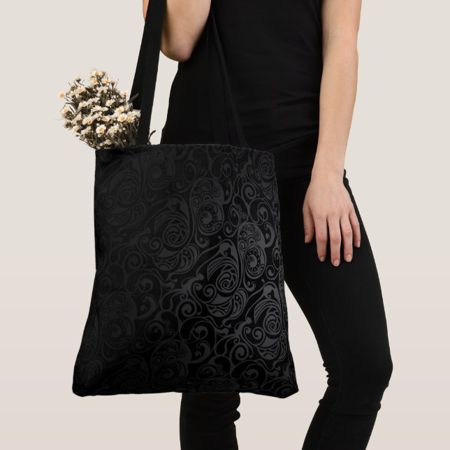 Black & Grey Gothic Vintage Pattern Tote Bag (Close Up)
