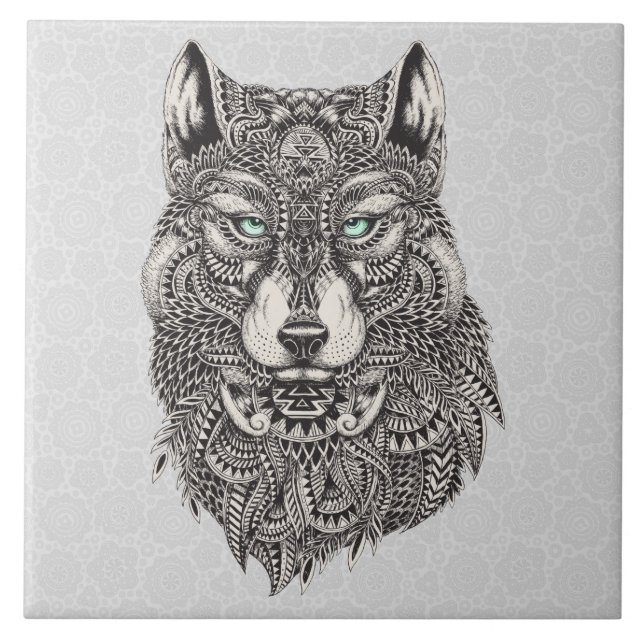 Black Grey & Green Wolf Illustration Tile (Front)