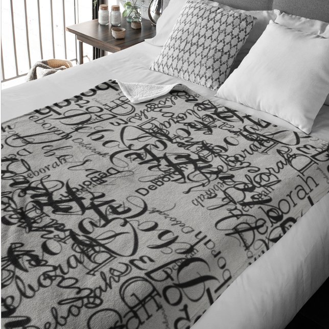 Black Grey Handwritten Fonts Name Pattern Fleece Blanket (enjoy winter)