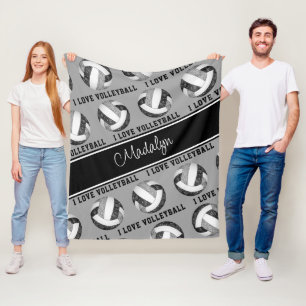 black grey I love volleyball text pattern Fleece Blanket