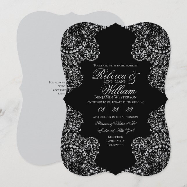 Black Grey Lace Elegant Gothic Wedding Invitation (Front/Back)