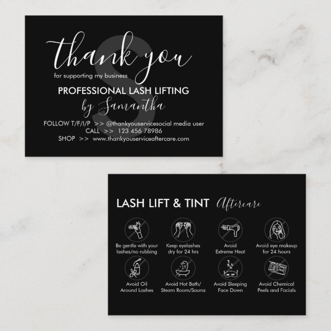 Black Grey Lash Lift Tint Aftercare Thank You Business Card (Front/Back)