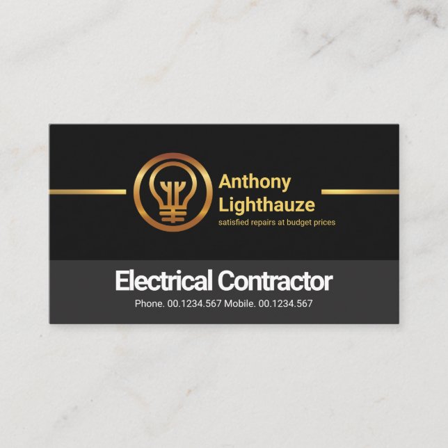 Black Grey Layers Gold Line Electrical Electrician Business Card (Front)
