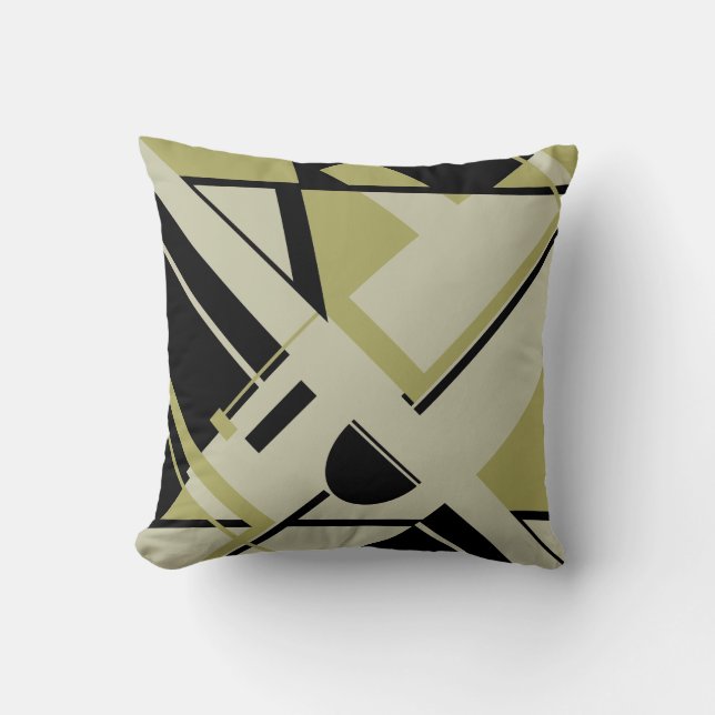 Black Grey Light Olive Diagonal Geometric Abstract Cushion (Front)