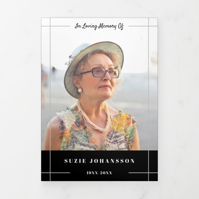 Black Grey Lines In Loving Memory Photo Funeral Tri-Fold Programme (Cover)