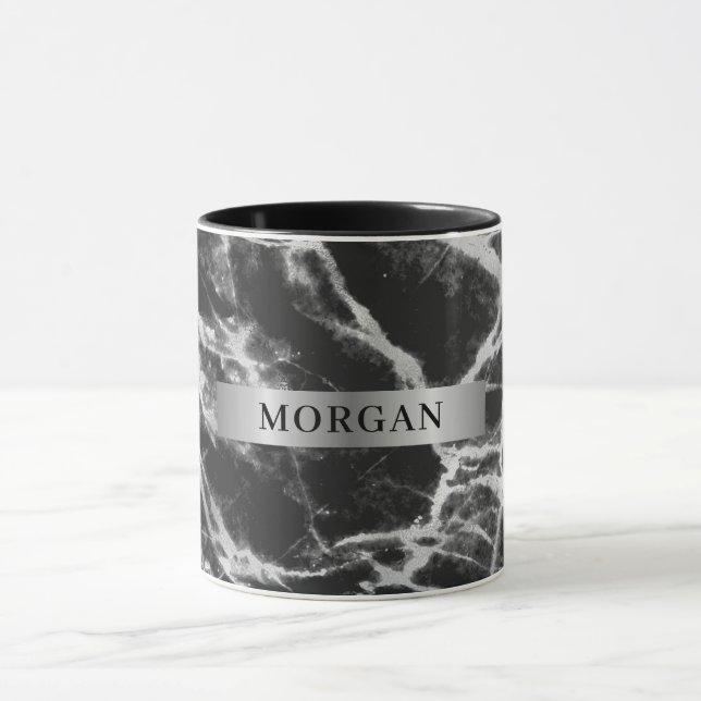 Black & Grey Marble, Name on Silver Band Mug (Center)