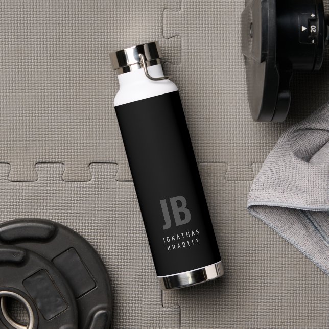 Black Grey Minimalist Two Letter Monogram Name Water Bottle (Gym)