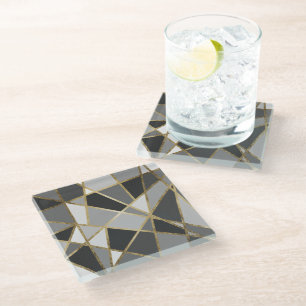 Black & Grey Modern Geo Gold Triangles Glass Coaster