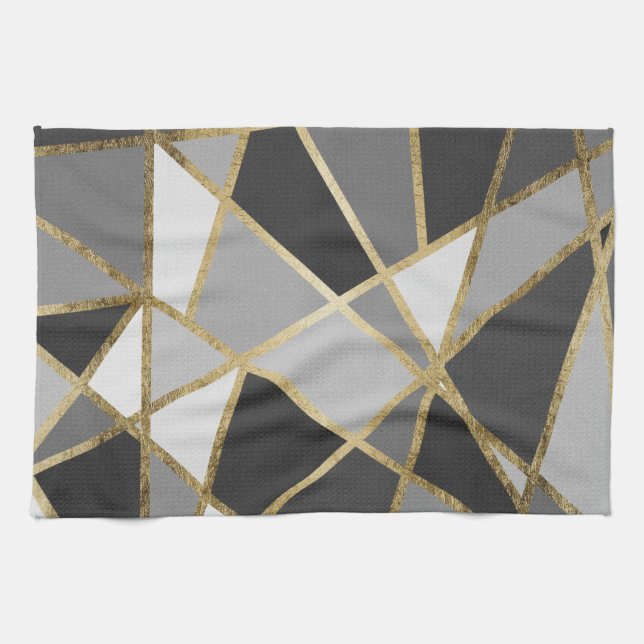 Black & Grey Modern Geo Gold Triangles Tea Towel (Horizontal)