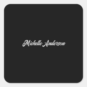 Black Grey Modern Minimalist Handwriting Name Square Sticker