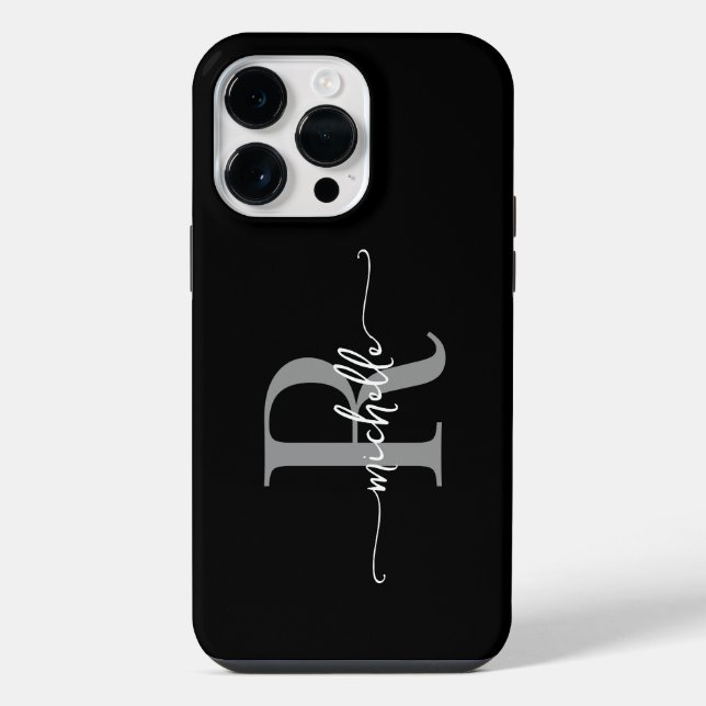 Black Grey Modern Stylish Script Monogram Initial iPhone Case (Back)