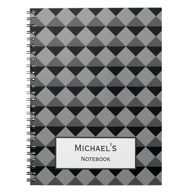 Black Grey Modern Trendy Diamond Triangle Pattern Spiral Notebook (Front)